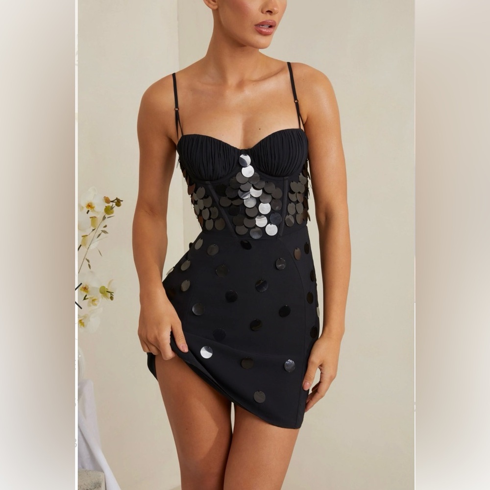 Oh Polly Black Mini Dress with Silver Accents